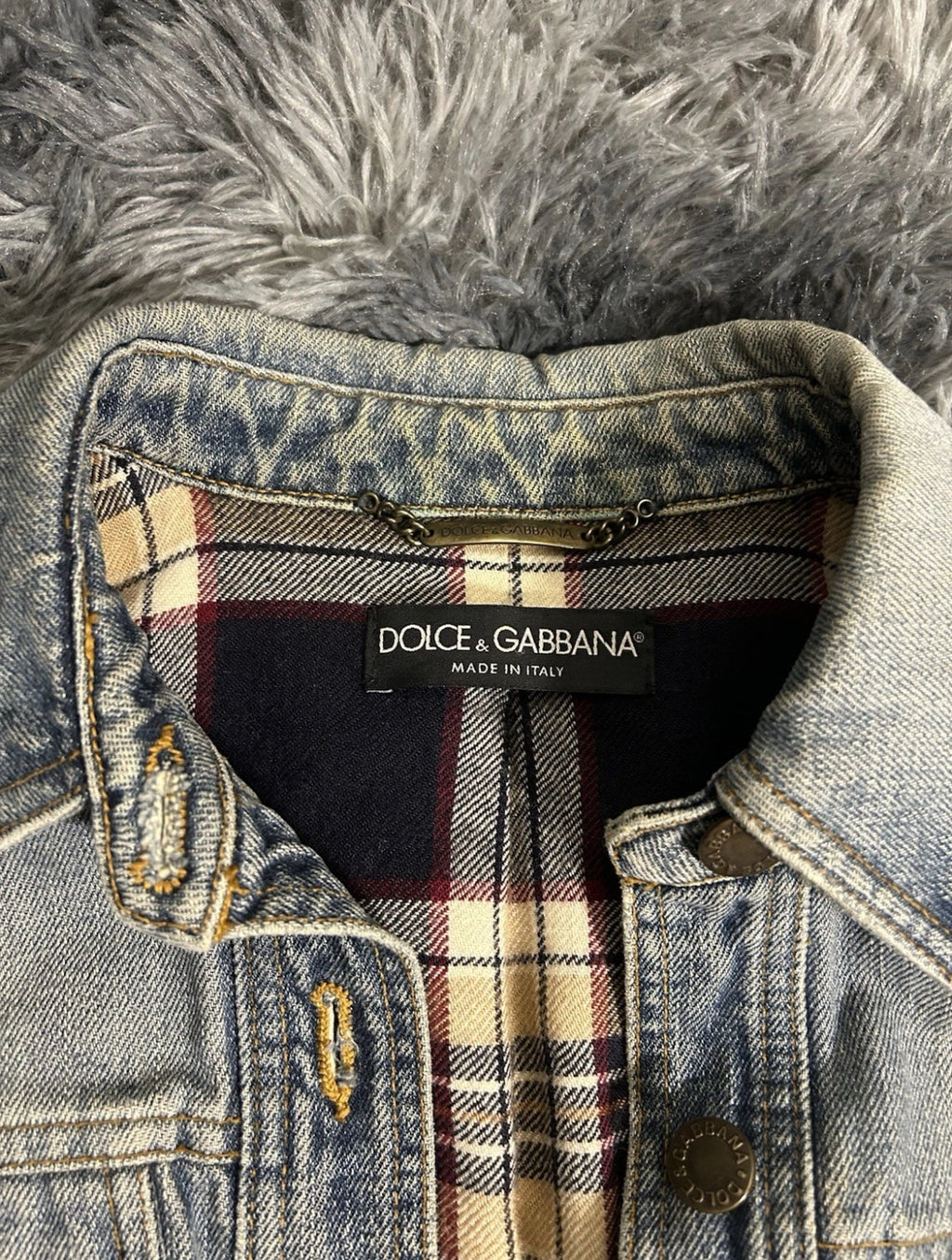 Vintage 00's Dolce & Gabbana Light Blue Plaid Lined Denim Jacket