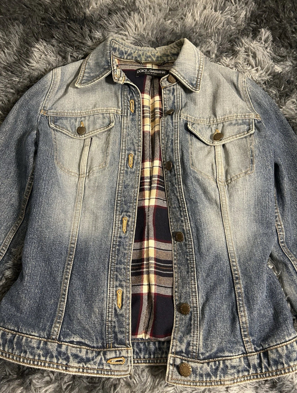 Vintage 00's Dolce & Gabbana Light Blue Plaid Lined Denim Jacket